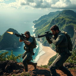 Two individuals engaged in intense combat with powerful firearms on a vast island