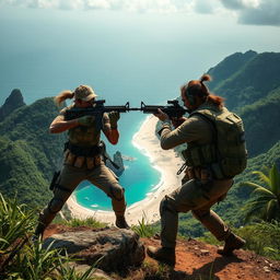 Two individuals engaged in intense combat with powerful firearms on a vast island