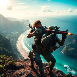 Two individuals engaged in intense combat with powerful firearms on a vast island