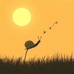 Under the setting sun, a snail shell clings to dandelion seeds as they drift together in the air, captured in Jon Klassen's distinctive style