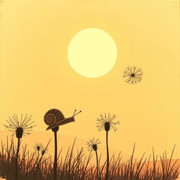 Under the setting sun, a snail shell clings to dandelion seeds as they drift together in the air, captured in Jon Klassen's distinctive style