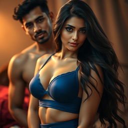 An alluring Indian woman with long, flowing black hair and a captivating gaze, wearing a sexy blue bra that highlights her elegance and charm