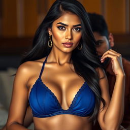 An alluring Indian woman with long, flowing black hair and a captivating gaze, wearing a sexy blue bra that highlights her elegance and charm