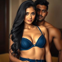 An alluring Indian woman with long, flowing black hair and a captivating gaze, wearing a sexy blue bra that highlights her elegance and charm