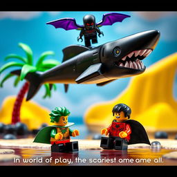 A whimsically vibrant stop-motion scene featuring a LEGO character with a green cape and his sidekick in a black cape and red shirt, relaxing on a tropical island paradise