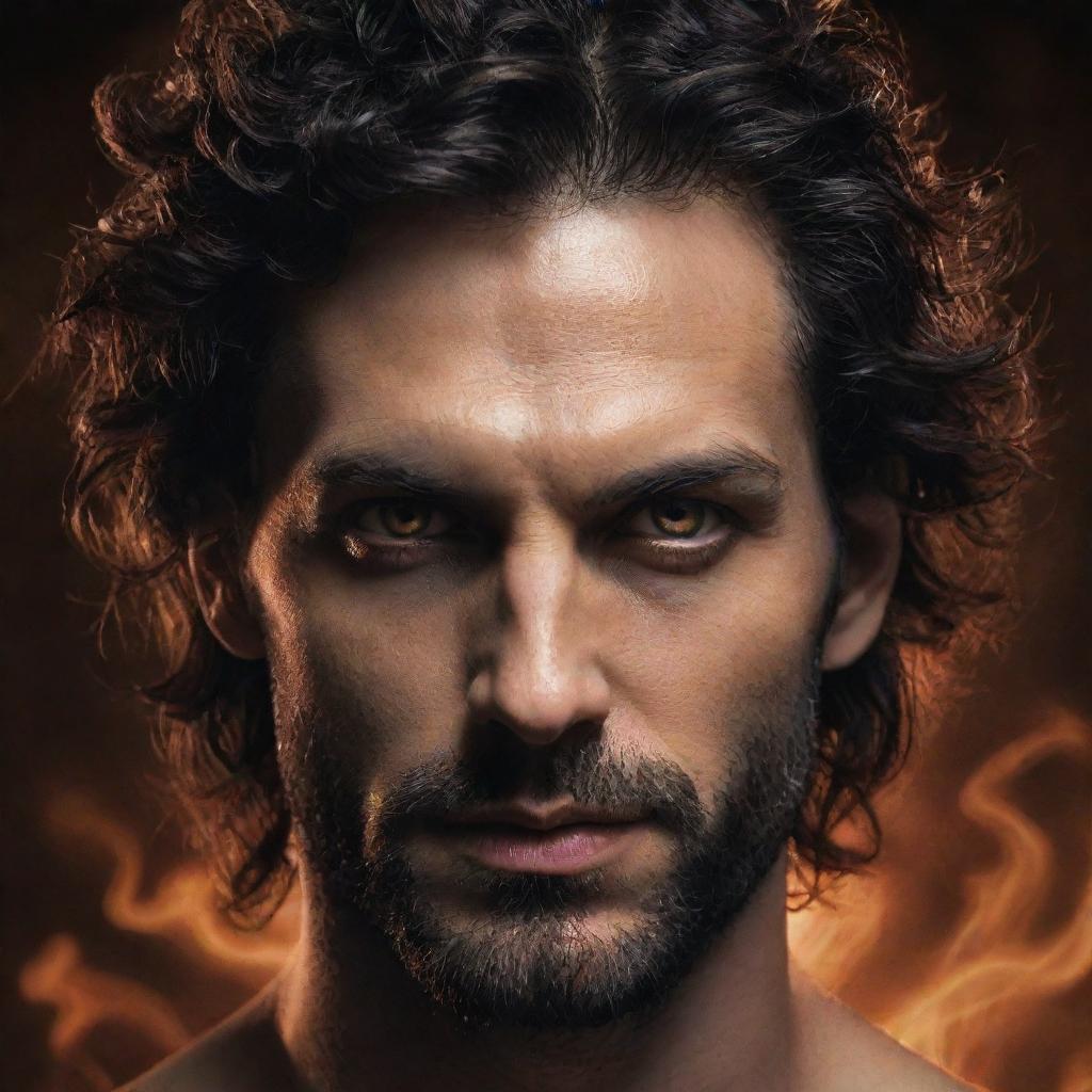 The face of Lucifer, often depicted as a handsome man with strong features, piercing eyes, and dark, wavy hair, exuding an aura of charm and danger.