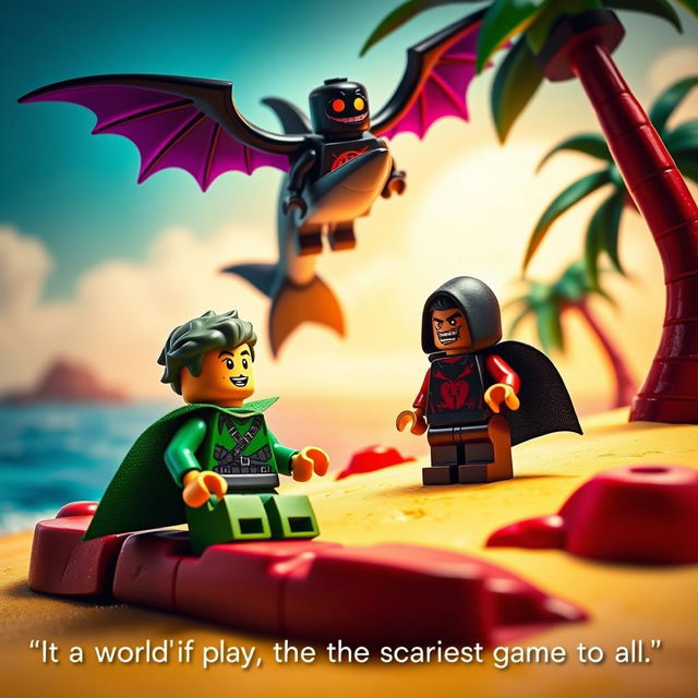 A whimsically vibrant stop-motion scene featuring a LEGO character with a green cape and his sidekick in a black cape and red shirt, relaxing on a tropical island paradise