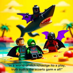 A whimsically vibrant stop-motion scene featuring a LEGO character with a green cape and his sidekick in a black cape and red shirt, relaxing on a tropical island paradise