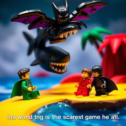 A whimsically vibrant stop-motion scene featuring a LEGO character with a green cape and his sidekick in a black cape and red shirt, relaxing on a tropical island paradise