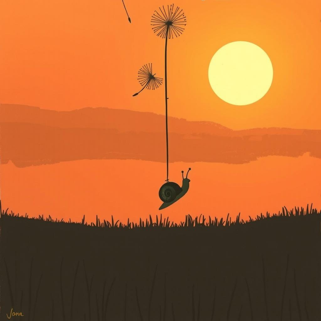 Under the setting sun, a snail dangles beneath dandelion seeds floating in the air, illustrated in Jon Klassen's distinctive style