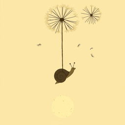 Under the setting sun, a snail dangles beneath dandelion seeds floating in the air, illustrated in Jon Klassen's distinctive style