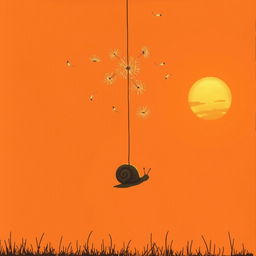 Under the setting sun, a snail dangles beneath dandelion seeds floating in the air, illustrated in Jon Klassen's distinctive style