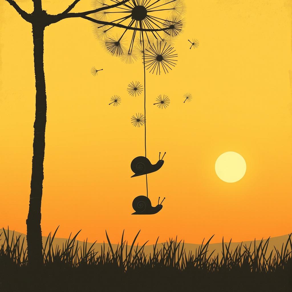 Under the setting sun, a snail dangles beneath dandelion seeds floating in the air, illustrated in Jon Klassen's distinctive style