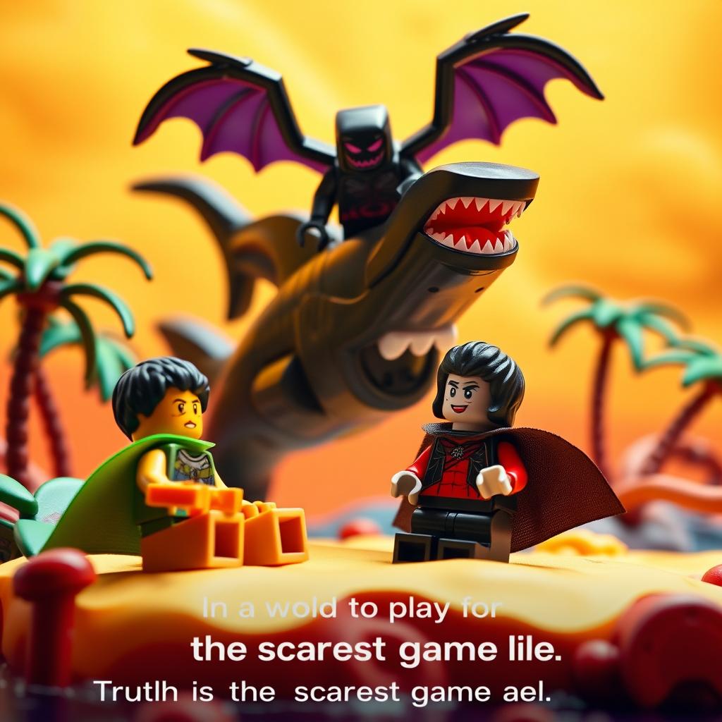 A whimsically vibrant stop-motion scene featuring a LEGO character with a green cape and his sidekick in a black cape and red shirt, relaxing on a tropical island paradise