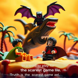 A whimsically vibrant stop-motion scene featuring a LEGO character with a green cape and his sidekick in a black cape and red shirt, relaxing on a tropical island paradise