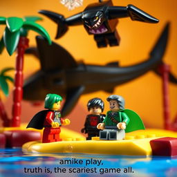 A whimsically vibrant stop-motion scene featuring a LEGO character with a green cape and his sidekick in a black cape and red shirt, relaxing on a tropical island paradise