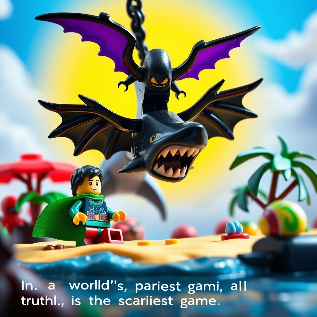 A whimsically vibrant stop-motion scene featuring a LEGO character with a green cape and his sidekick in a black cape and red shirt, relaxing on a tropical island paradise