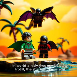 A whimsically vibrant stop-motion scene featuring a LEGO character with a green cape and his sidekick in a black cape and red shirt, relaxing on a tropical island paradise