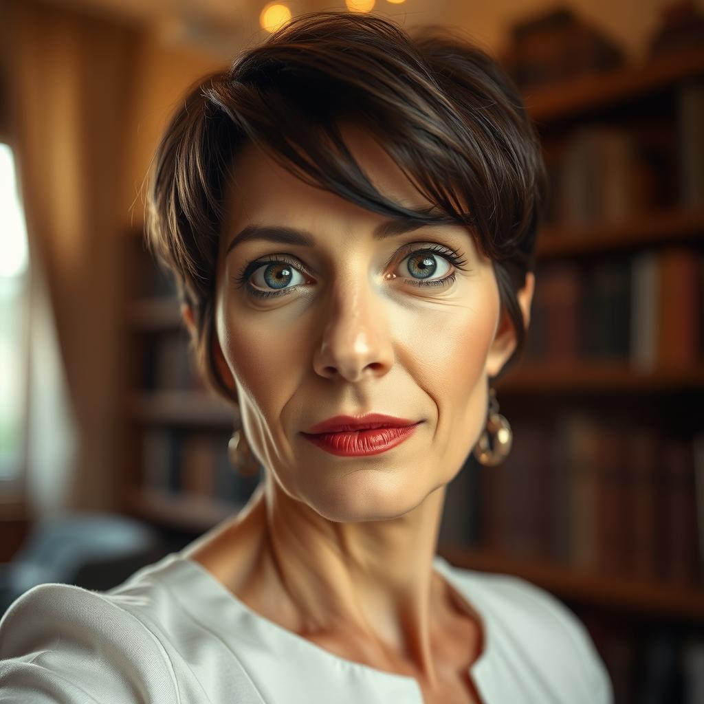 A point-of-view portrait of a mature woman with a confident demeanor, focusing on her expressive eyes and stylish haircut