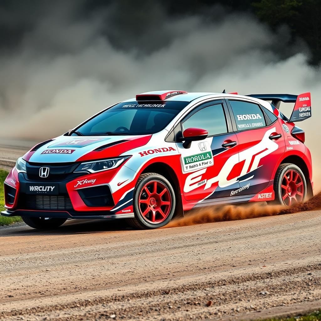 A Honda City Hatchback customized to resemble a World Rally Championship (WRC) car, featuring aggressive aerodynamic body kits, large rear wing, bulging wheel arches, racing decals and sponsor logos covering the car’s sleek body, oversized rally wheels with rugged tires, LED light bars mounted on the front bumper, and a roof scoop for added performance aesthetics