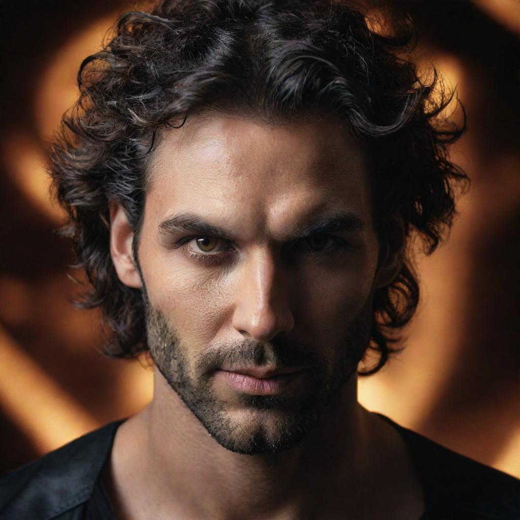 The face of Lucifer, often depicted as a handsome man with strong features, piercing eyes, and dark, wavy hair, exuding an aura of charm and danger.