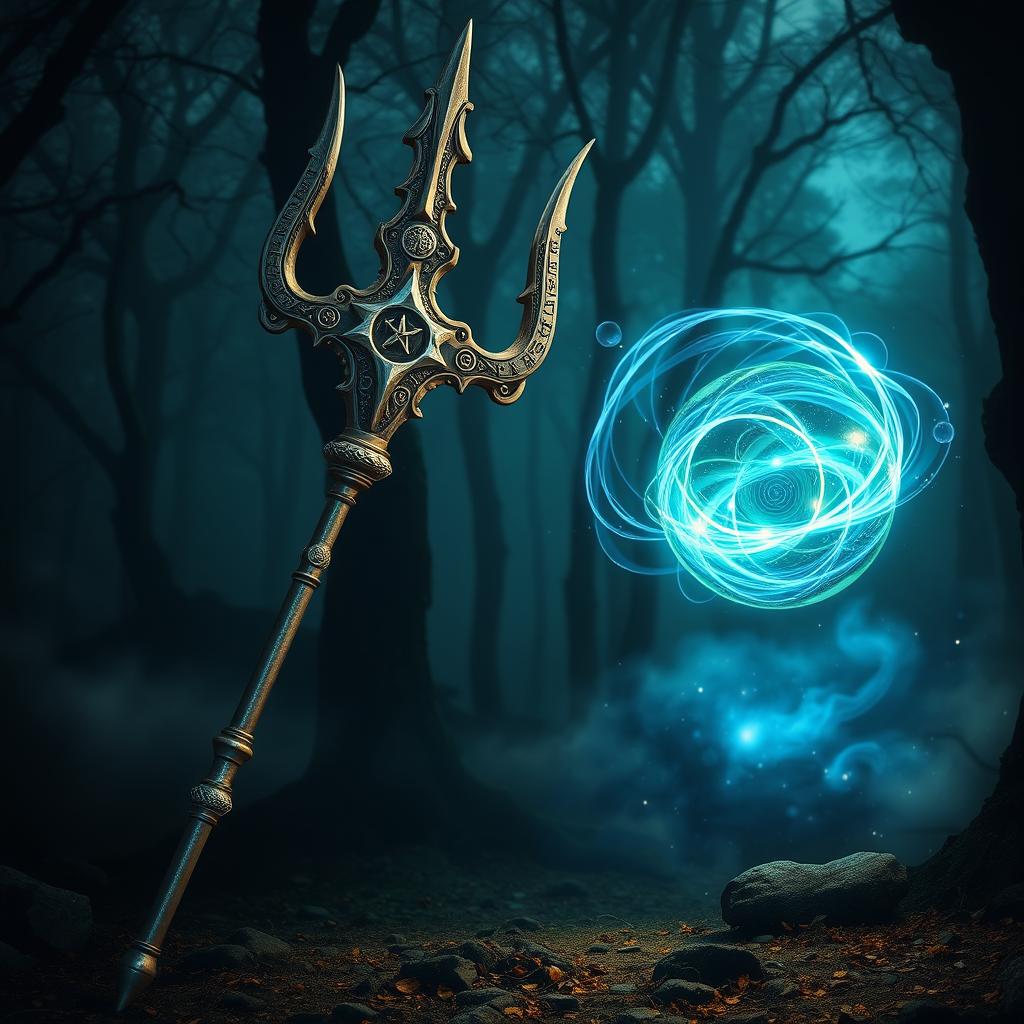 A mystical scene featuring an ornate trident and a glowing, magical sphere