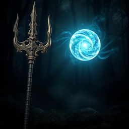 A mystical scene featuring an ornate trident and a glowing, magical sphere