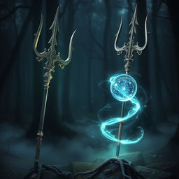 A mystical scene featuring an ornate trident and a glowing, magical sphere