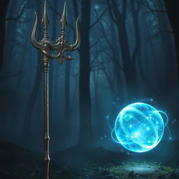 A mystical scene featuring an ornate trident and a glowing, magical sphere