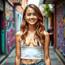 A stylish girl showcasing a trendy navel piercing, standing confidently with a warm smile