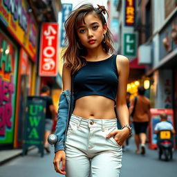 A teenage girl wearing a stylish low-waist pant that sits comfortably below her navel, paired with a trendy tight crop top that highlights her navel piercing