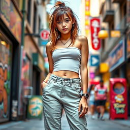 A teenage girl wearing a stylish low-waist pant that sits comfortably below her navel, paired with a trendy tight crop top that highlights her navel piercing