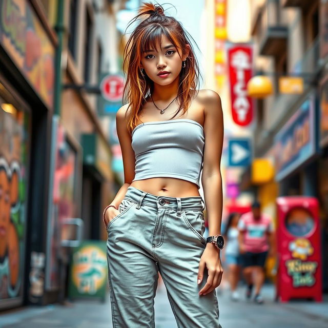 A teenage girl wearing a stylish low-waist pant that sits comfortably below her navel, paired with a trendy tight crop top that highlights her navel piercing