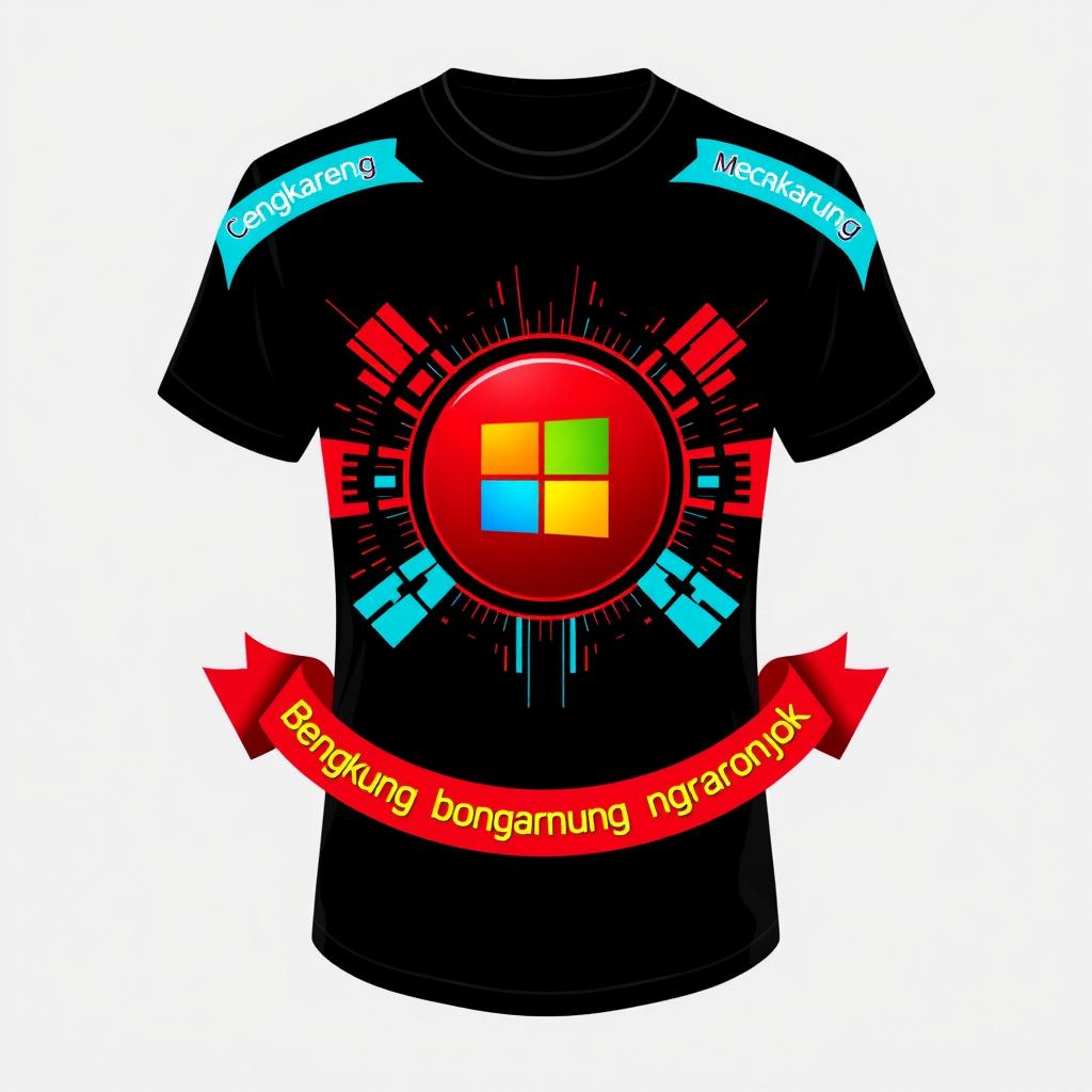 Design a black t-shirt featuring a central vector image of a red circle with the Microsoft (MS) logo inside, styled with a cyber design