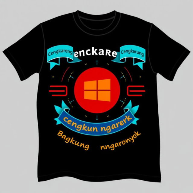 Design a black t-shirt featuring a central vector image of a red circle with the Microsoft (MS) logo inside, styled with a cyber design