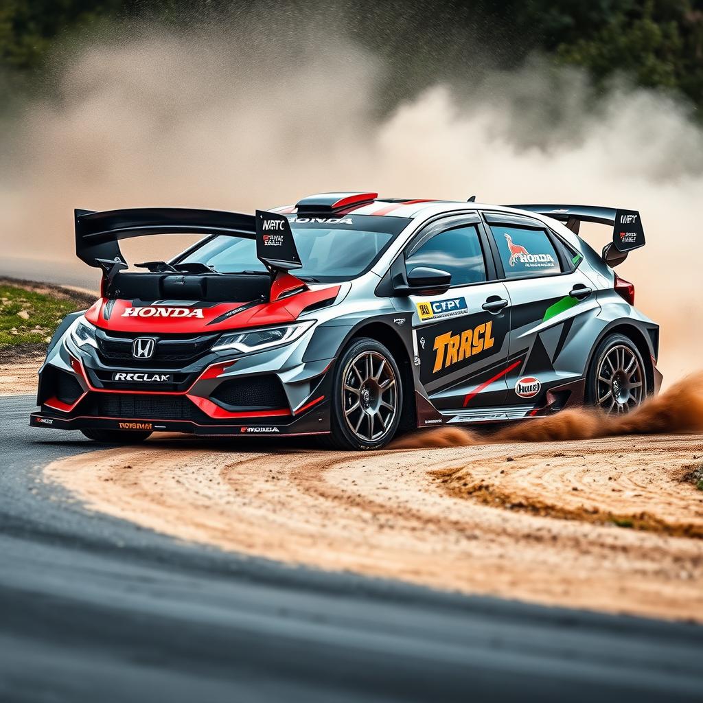 A Honda City Hatchback customized to resemble a World Rally Championship (WRC) car, featuring aggressive aerodynamic body kits, a large rear wing, bulging wheel arches, racing decals, and sponsor logos