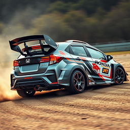 A Honda City Hatchback customized to resemble a World Rally Championship (WRC) car, featuring aggressive aerodynamic body kits, a large rear wing, bulging wheel arches, racing decals, and sponsor logos