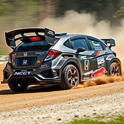 A Honda City Hatchback customized to resemble a World Rally Championship (WRC) car, featuring aggressive aerodynamic body kits, a large rear wing, bulging wheel arches, racing decals, and sponsor logos