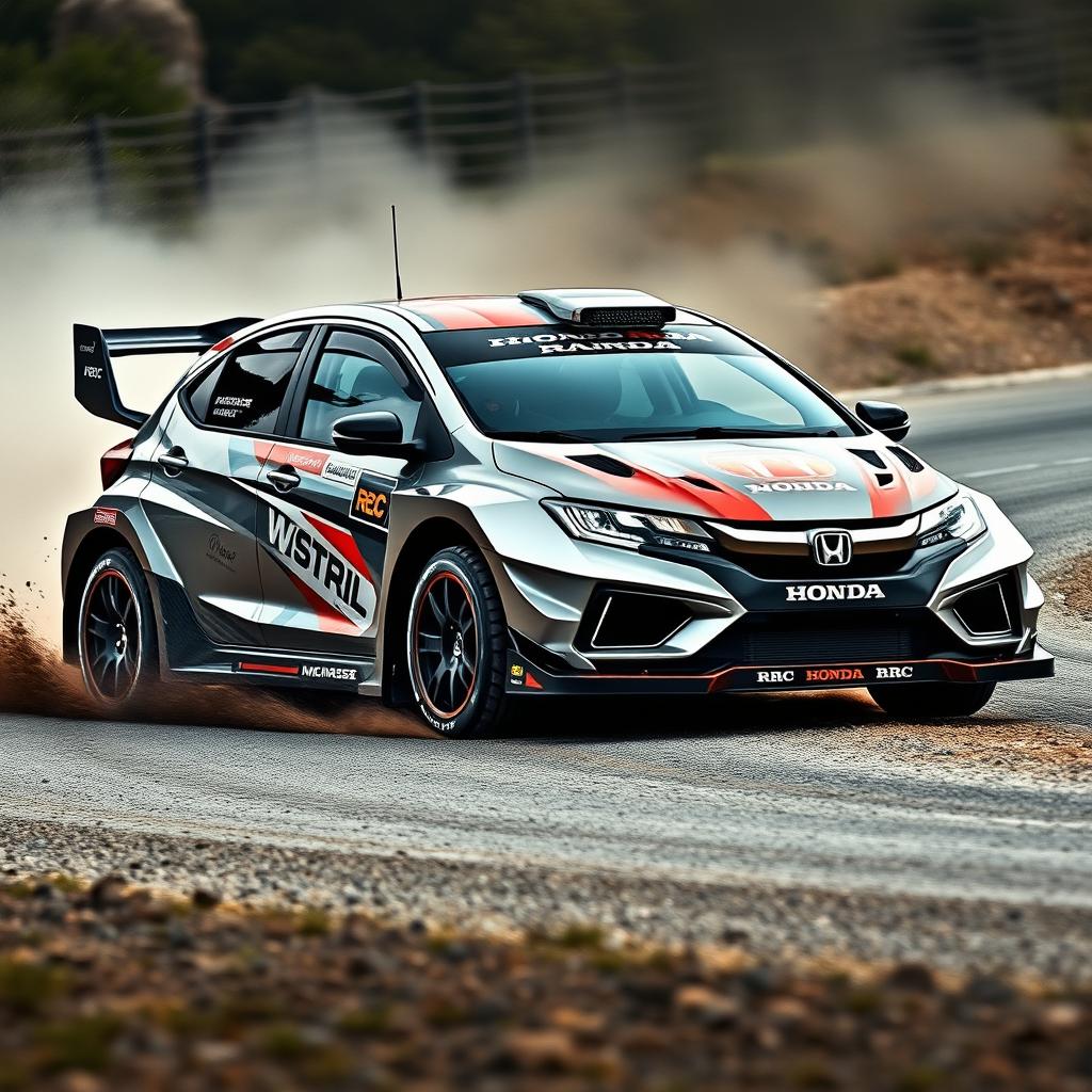 A Honda City Hatchback customized to resemble a World Rally Championship (WRC) car, featuring aggressive aerodynamic body kits, a large rear wing, bulging wheel arches, racing decals, and sponsor logos