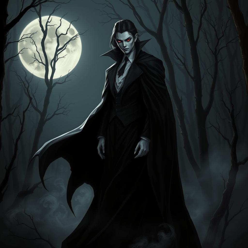 A captivating and elegant vampire character with sharp features and an ethereal aura, wearing a long, flowing black cloak