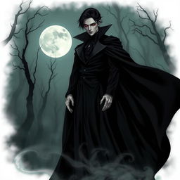 A captivating and elegant vampire character with sharp features and an ethereal aura, wearing a long, flowing black cloak