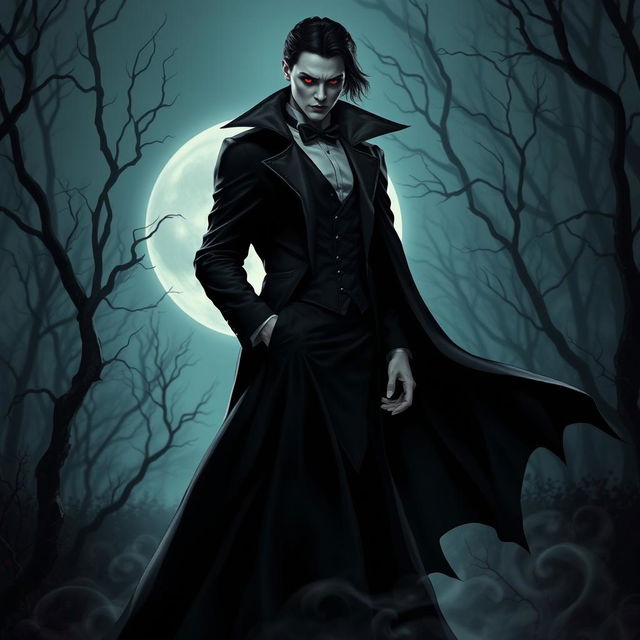 A captivating and elegant vampire character with sharp features and an ethereal aura, wearing a long, flowing black cloak