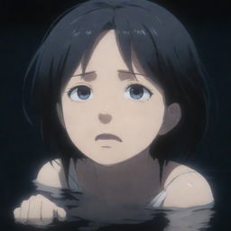 A melancholic scene of an anime girl emotionally crying, submerged in deep, dark waters.