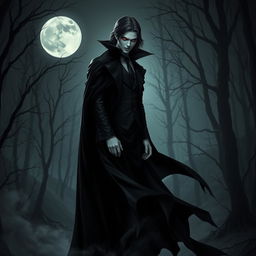 A captivating and elegant vampire character with sharp features and an ethereal aura, wearing a long, flowing black cloak