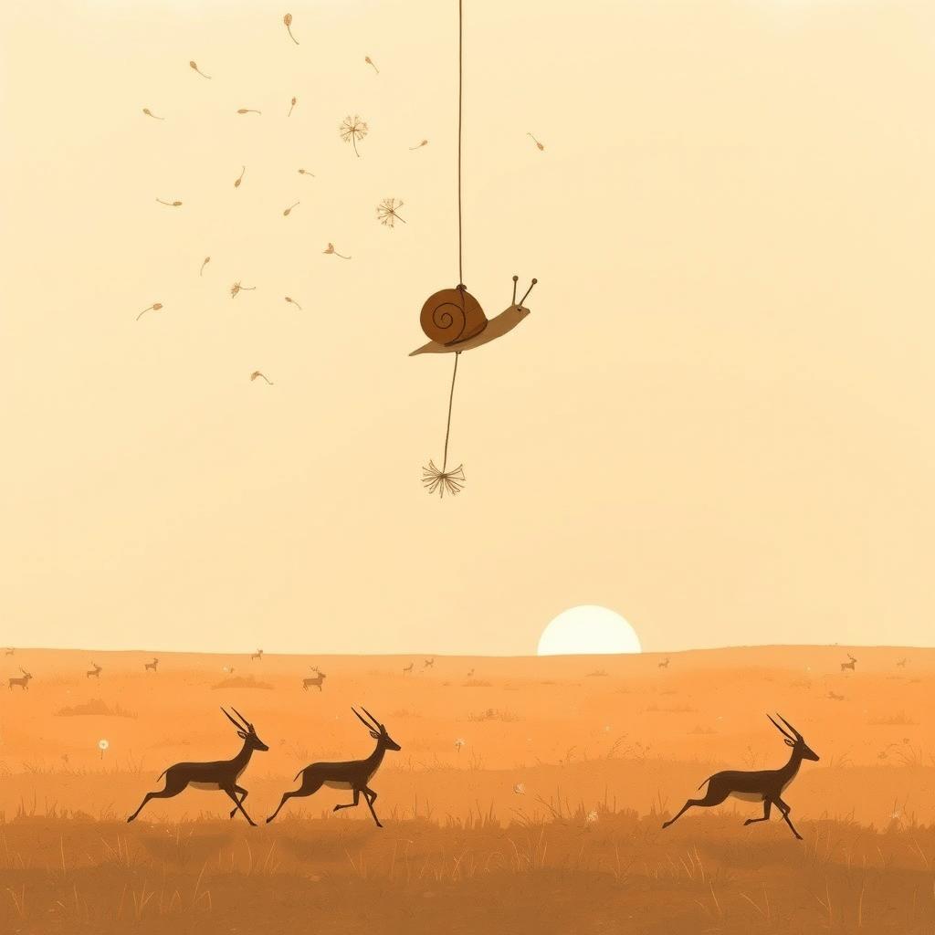 In the early morning as the sun rises, a snail dangles beneath dandelion seeds floating in the air, with antelopes running across the grassland below, all illustrated in Jon Klassen's distinctive style