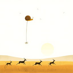 In the early morning as the sun rises, a snail dangles beneath dandelion seeds floating in the air, with antelopes running across the grassland below, all illustrated in Jon Klassen's distinctive style