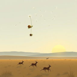 In the early morning as the sun rises, a snail dangles beneath dandelion seeds floating in the air, with antelopes running across the grassland below, all illustrated in Jon Klassen's distinctive style