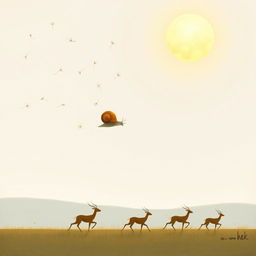 In the early morning as the sun rises, a snail dangles beneath dandelion seeds floating in the air, with antelopes running across the grassland below, all illustrated in Jon Klassen's distinctive style