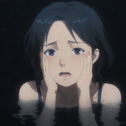 A melancholic scene of an anime girl emotionally crying, submerged in deep, dark waters.