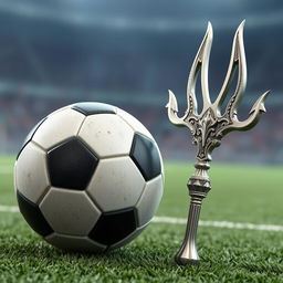 A 3D render featuring a dynamic scene with a detailed soccer ball and an ornate trident